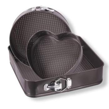 3 részes szürke kerek, szív- és négyzet alakú kapcsos tortaforma készlet kép