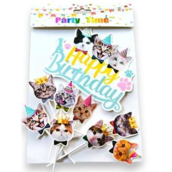 Cicás Happy Birthday beszúró tortadísz szett, 9 részes kép