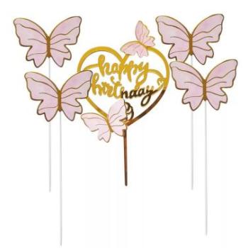 Happy Birthday tortadísz beszúró rózsaszín pillangós  kép