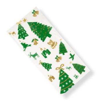 Karácsonyi Celofán Tasak, Zöld Fenyőfa Mintás  - 50 db, Lezáróval kép