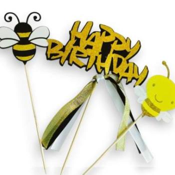 Méhecskés Happy Birthday szülinapi tortabeszúró, 3 részes kép