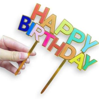 Színes Happy Birthday felirat beszúró tortadísz kép