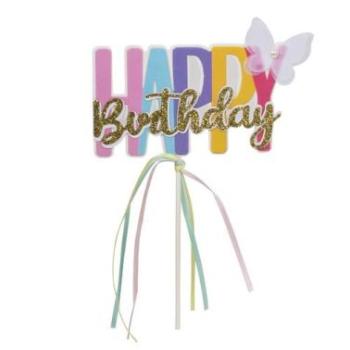 Vidám színes pillangós Happy Birthday tortadísz beszúró kép