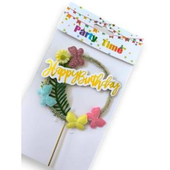 Virágos, pillangós beszúró tortadísz Happy Birthday felirattal kép