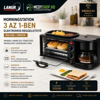 MorningStation 3 az 1-ben elektromos reggeliztető – kávé főző, sütő és serpenyő – fekete (KW-206)